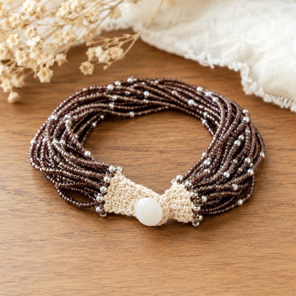 Multi-Strand Seed Bead Crochet Button Bracelet Boho Cottage Artisan Vintage